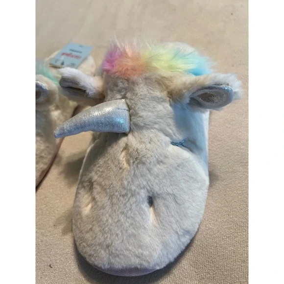 Cat & Jack Unicorn Slippers Off-White Rainbow Faux Fur Silver Horn Size L 4-5 - Picture 4 of 9